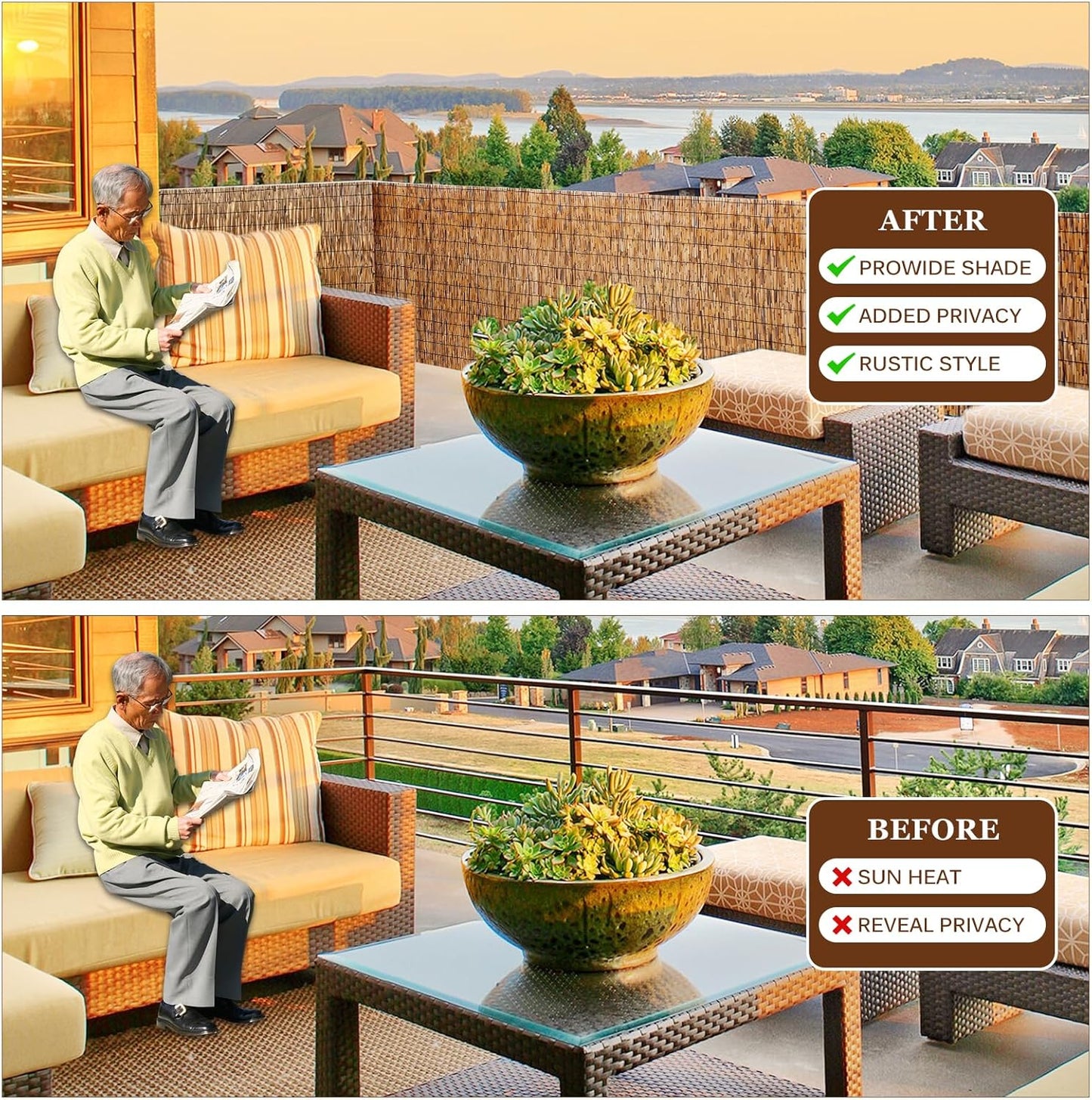 Natural Reed Fencing Rolls: Privacy Bamboo Fence 3/4/5/6ft High Roll Reed Screen, Decorative Bamboo Fencing for Outdoor Balcony Patio Garden Backyard,with Cable Zip Ties(Coffee, 3.3x16.4ft)