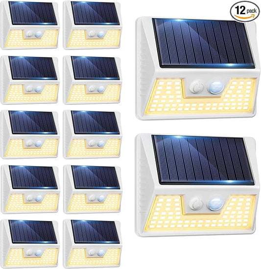 12 Pack Solar Lights Outdoor Motion Sensor, Waterproof Fence Lights with 3 Lighting Mode, Warm White LED Deck Lights for Outside Wall Yard Steps Stairs Garden - White