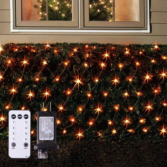 Orange Net Lights Outdoor Waterproof - 360 LED With Remote, 12x5 ft Extendable 8 Modes Christmas Lights for Thanksgiving Bushes Gazebo Lawn Garden Shrubs Tree Backyard