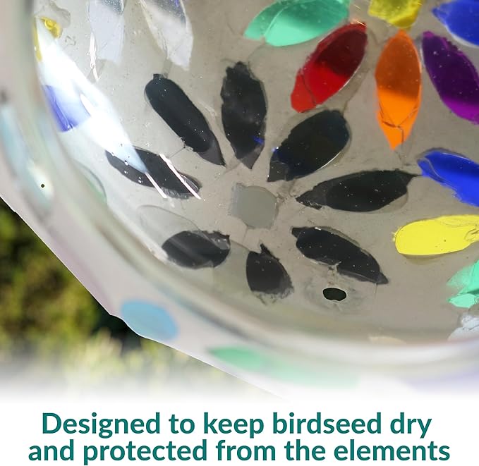 Sunnydaze 6-Inch Glass Mosaic Hanging Bird Feeder for Outdoors - Fly-Through Wild Bird Feeder - Rainbow Daisies