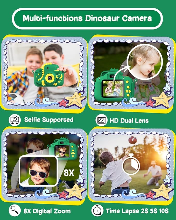 Kids Camera, Dinosaur Toddler Digital Camera for Ages 3-12 Boys Girls Childrens, Christmas Birthday Gifts, Selfie 1080P HD Video Camera for 3 4 5 6 7 8 9 Years Old Boys Girls Toys Gifts