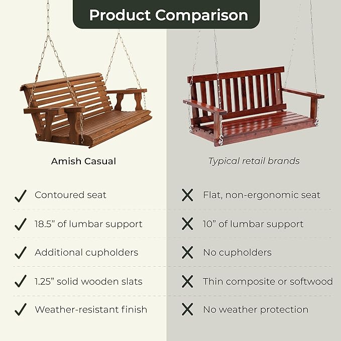 Amish Casual 5 Foot Roll Back Porch Swing with Cup Holders in Unfinished - Amish Made in The USA from Treated Pine Heavy Duty 700 Lb. Weight Capacity