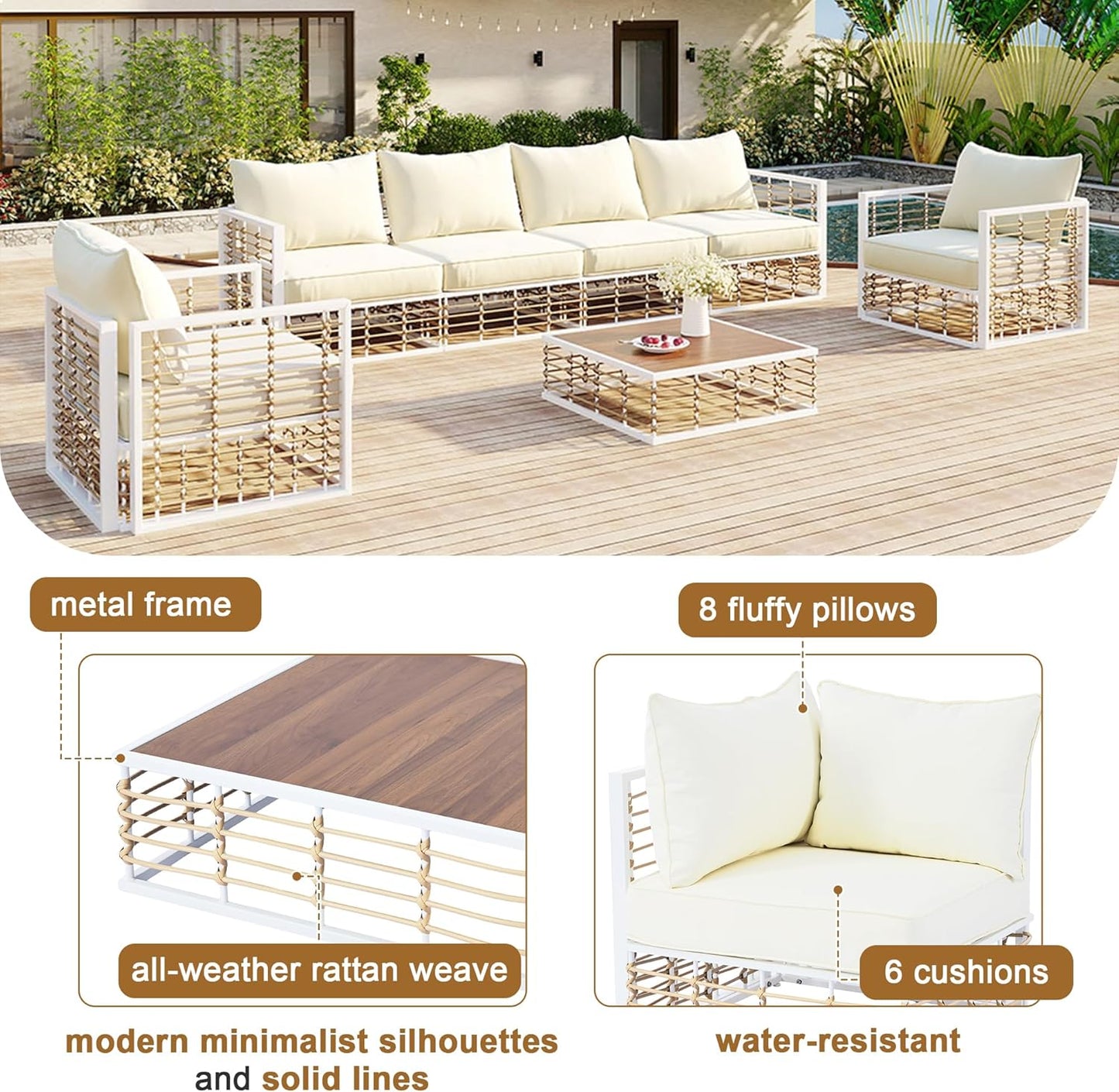 7-Piece Metal Patio Sectional Sofa Set, Free Combination Sofa Set with Coffee Table, All-Weather Garden Conversational Furniture Set with Thick Cushions and 8 Pillows (White Frame+Beige Cushion)