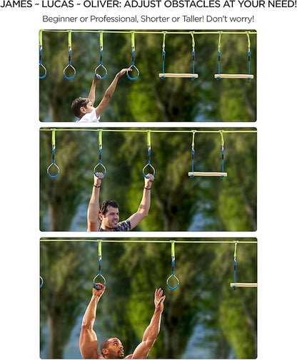 Flybold Obstacle Course for Kids - 40 Ft Ninja Warrior Slackline Kit with 8 Adjustable Obstacles - Tree Protectors, Twin Gear Ratchets, Carry Bag - Complete Outdoor Adventure Set