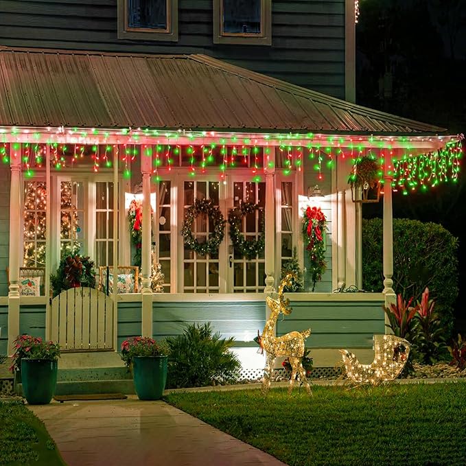 33ft Icicle Lights for Outside, Red and Green Christmas Lights Outdoor Indoor, 400 LED Twinkle String Lights with 75 Drops, Clear Wire Short Curtain Lights for Thanksgiving Room Home Wall Bedroom