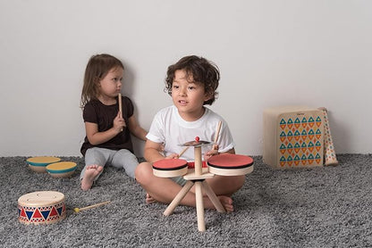 PlanToys Musical Band Toddler Drum Set Sustainably-Made with 2 Different-Sized Drums, Pair of Rubber-Coated Drumsticks, Cymbal, and Guiro to Explore Creativity