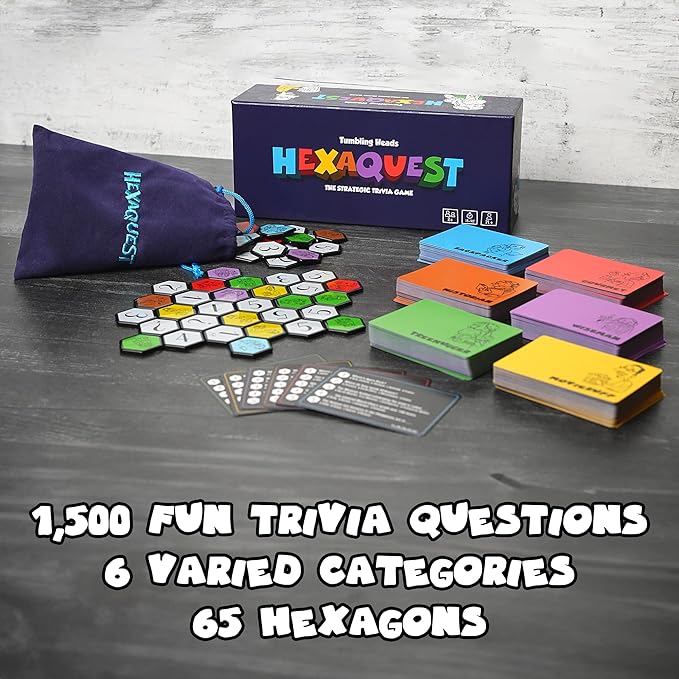 Hexaquest: The Strategic Trivia Board Game – 1500 Questions, 6 Categories, 65 Hexagon Tiles, Premium Bag – Fun, Quick to Learn, Perfect for Game Nights, Families & Parties