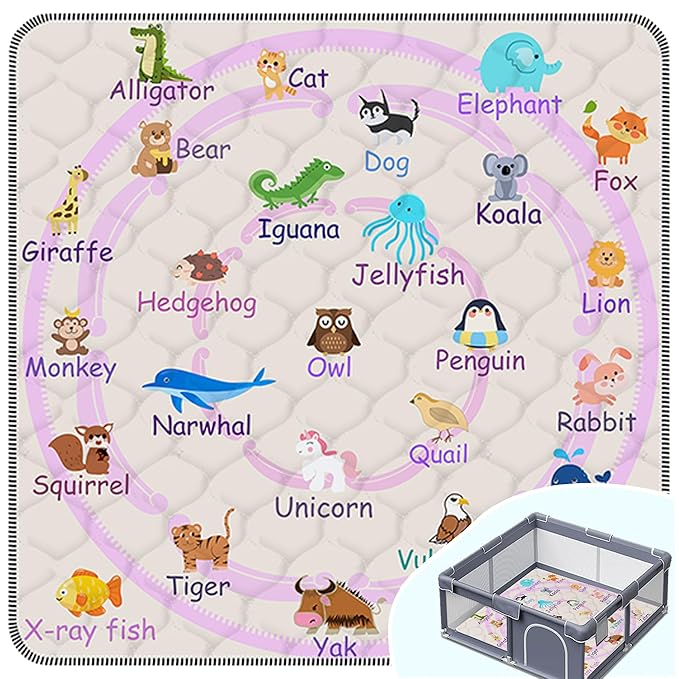 Baby Play Mat，Thick Soft 47" X 47" Playpen mat, Non-Slip and Machine Washable Baby Play Mats for Floor，Crawling Mat for Babies, Toddlers & Infants to Play and Learn (Pink Animal)