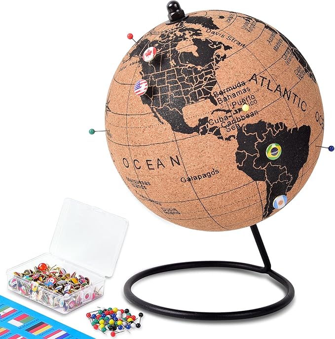 6" Cork Globe with 100 National Flag Pins & 50 Colored Push Pins – Cork World Map with Rotating Stand – Pin Globe for Travel Tracking, Home or Office Decor – Gift for Couples & Families(DH-DQY-145)