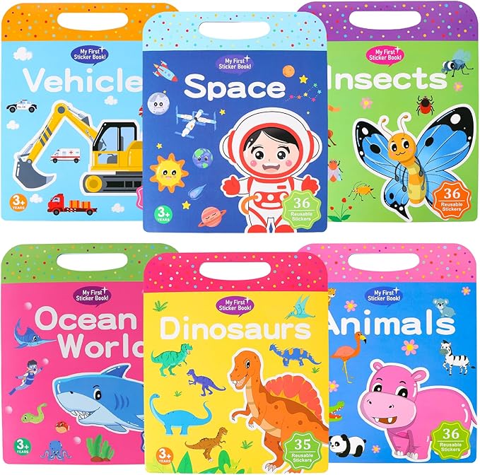 6 Pack Reusable Sticker Book for Kids,Visfun Stickers for Kids Window Stickers Fun Travel Toys for Toddlers Gifts Idea for Boys and Girls (Animal+Vehicles+Space+Insecks+Ocean+Dinosaurs)