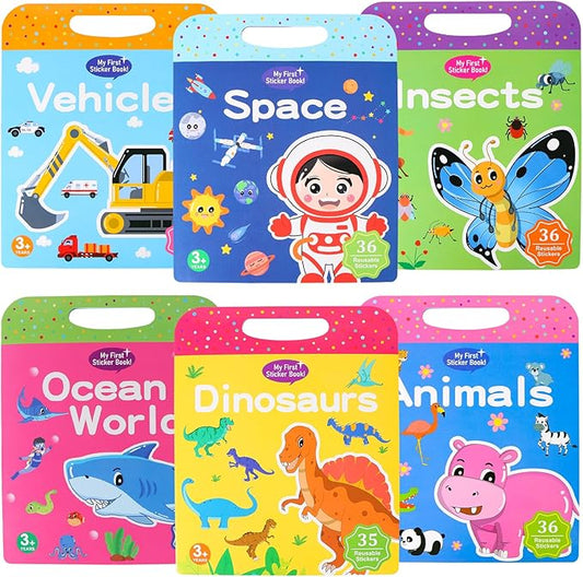 6 Pack Reusable Sticker Book for Kids,Visfun Stickers for Kids Window Stickers Fun Travel Toys for Toddlers Gifts Idea for Boys and Girls (Animal+Vehicles+Space+Insecks+Ocean+Dinosaurs)