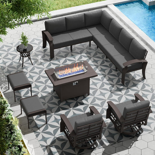 Aluminum Patio Furniture Set with Fire Pit Table, 10 Seats Outdoor Patio Conversation Set with Swivel Chair Modern Metal Patio Sectional Sofa with Coffee Table for Patio, Backyard(Grey).