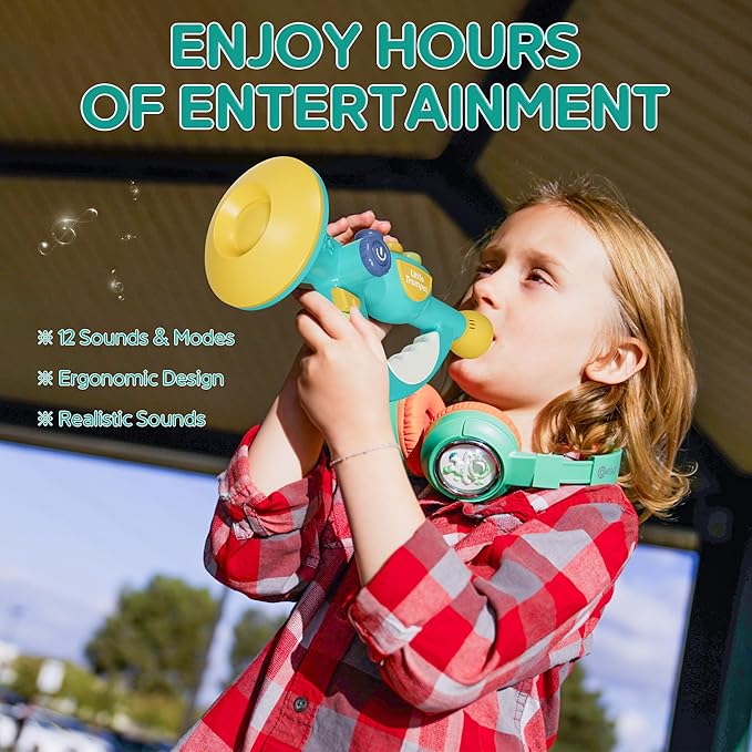 Contixo KT2 Musical Trumpet Toy for Kids, Blue Baby Educational Music Toys with Light Effects, Adjustable Volume, Multiple Rhythms, Easy Play Modes, Realistic Whistle Sounds for Toddler Boys Girls