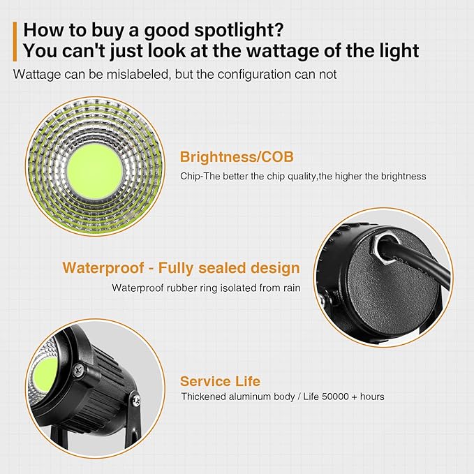 LemonBest Landscape Lights - 5W 110V Outdoor Spotlight - Waterproof IP65-3000K Cool White LED Landscape Lights - 5ft Cable for Yard Garden Patio Driveway House (Include Spike) (6 Pack)