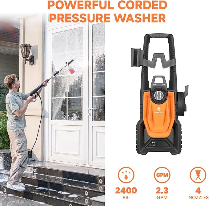 Giraffe Tools Electric Pressure Washer, 2400 PSI 2.3 GPM with 4 Quick-Connect Nozzles, 20FT Hose & Foam Cannon, Powerful Washer for Cars/Road/Driveways/Fences