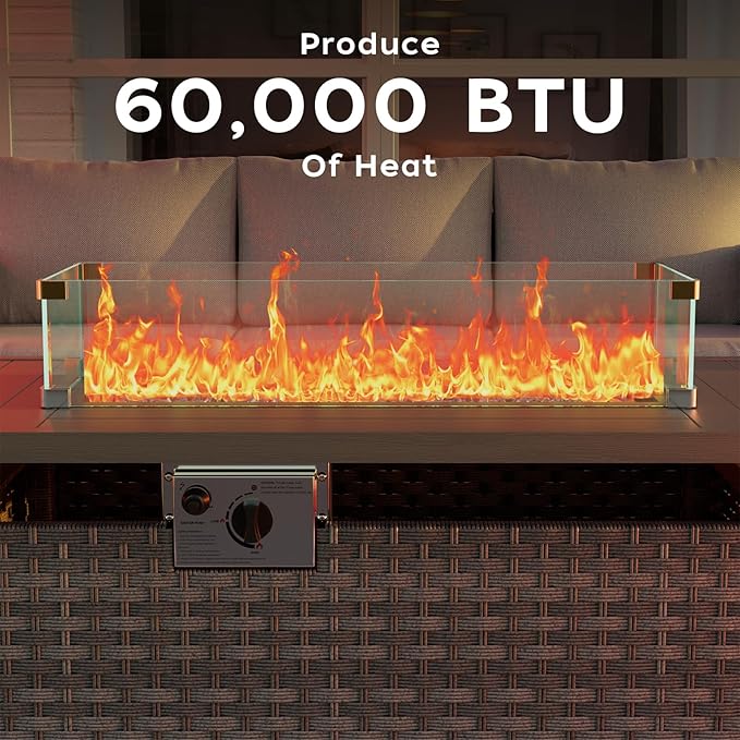 Propane Fire Pit Table Outdoor, 44" 60000BTU Auto-Ignition Fire Pits Table with Wind Guard Square Large Wicker Propane Firepits for Porch Garden(Grey,CSA Certified)