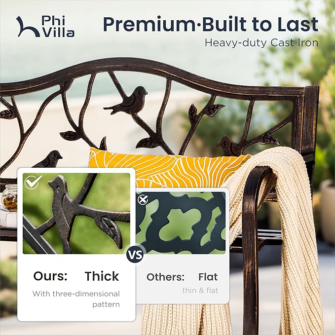 PHI VILLA Outdoor Garden Park Bench Patio 50" Metal Bench, Steel Frame Bench with Backrest and Armrests for Porch, Lawn, Balcony, Backyard and Indoor, Bronze