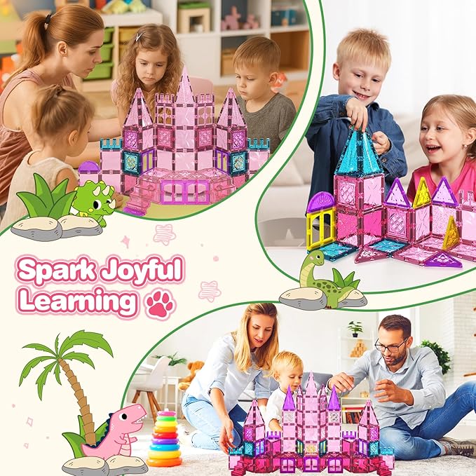 60PCS Dinosaur Toys Magnetic Tiles for Girls, Magnet Building Blocks Sensory Toy for Girls Boys Ages 3-5 4-8, STEM Learning Construction Toddler Girl Toys Birthday Gift for 3+ Years Old Kids Toy