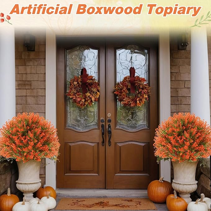 Yunlly 2 Pcs 18 Inch Fall Artificial Boxwood Ball Topiary Tree Outdoor Plants Bush, UV Resistance Faux Shrub with Spike Fall Porch Decor for Indoor Garden Yard Porch Patio Decor (Orange)