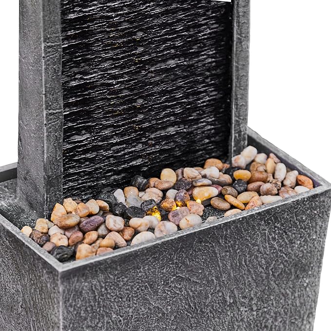 Teamson Home 38.5" Faux Slate Contemporary Outdoor LED Waterfall Fountain with Pebble Base, Gray/Black