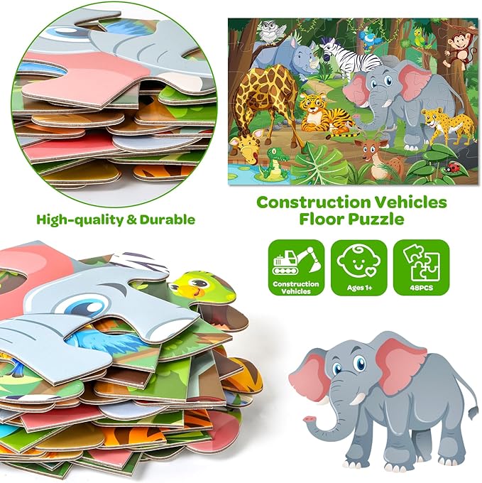 Animals Floor Puzzle for Kids - 48 Pieces Large Animals Jigsaw Puzzles for Kids 3-5 Year Old, Toddler Learning Preschool Educational Toys 12 Month+, Perfect Birthday Christmas Gifts for Boys Girls