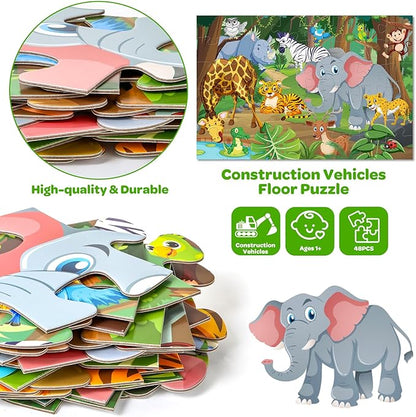 Animals Floor Puzzle for Kids - 48 Pieces Large Animals Jigsaw Puzzles for Kids 3-5 Year Old, Toddler Learning Preschool Educational Toys 12 Month+, Perfect Birthday Christmas Gifts for Boys Girls