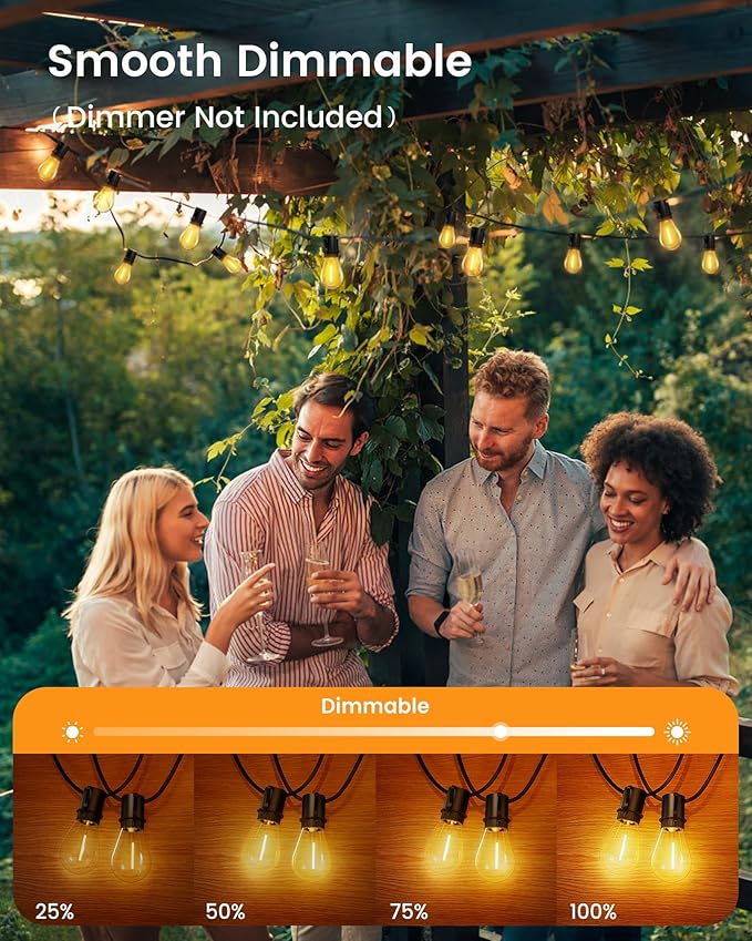 Torkase 50FT Outdoor String Lights LED, S14 Shatterproof Bulbs (15+1), Waterproof Dimmable Patio Lights for Backyard, Porch, Garden - Connectable Commercial Grade