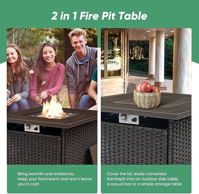 5 Pieces Patio Wicker Furniture Set - 4 Outdoor Swivel Rocker Glider Chairs with 50000BTU Propane Fire Pit Table, Warm Patio Conversation Set Red Cushion Perfect for Casual Gathering