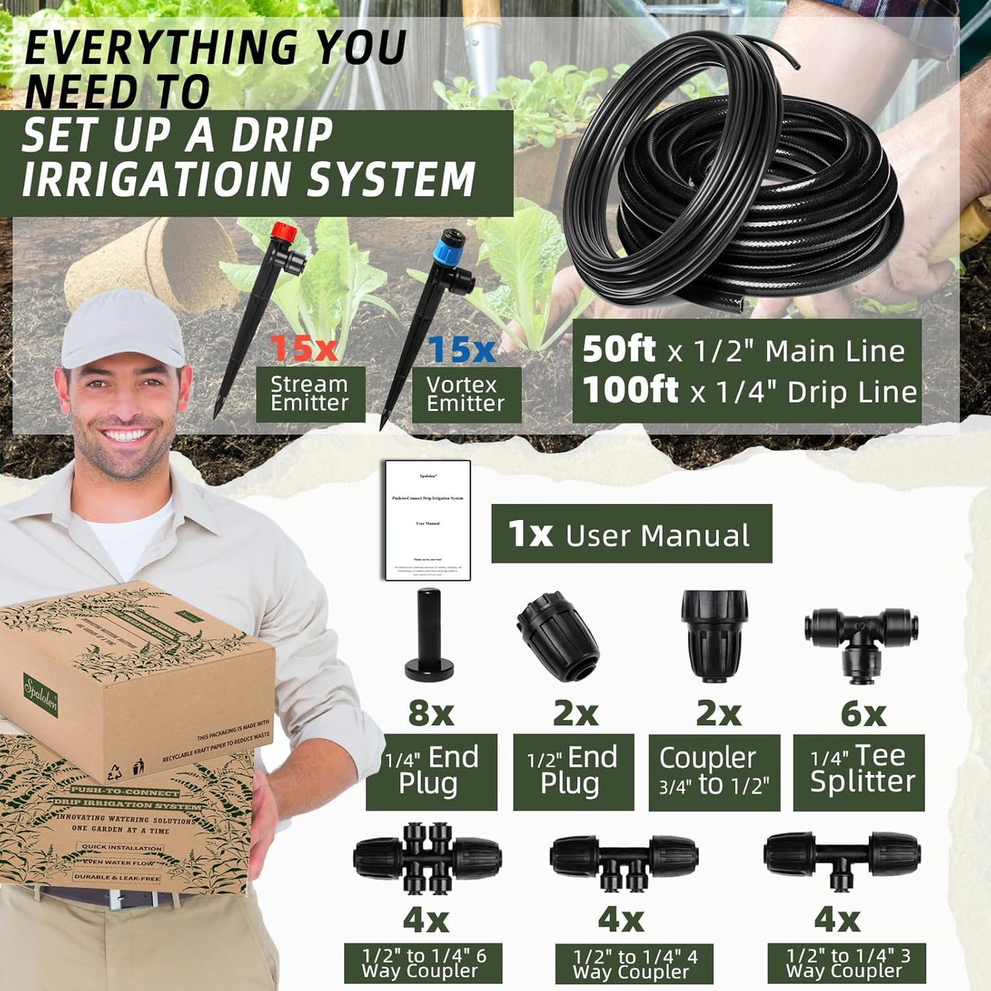 Push-to-Connect Drip Irrigation System Adjustable Irrigation System for Garden Raised Bed Automatic Plant Watering System Complete Drip Irrigation Kit with Drip Emitters, Tubing, Connectors