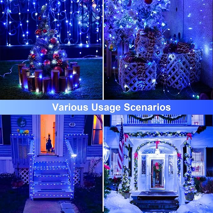 JMEXSUSS 2 Pack Blue and White Solar Christmas Lights, Each 33FT 100 LED Solar String Lights Outdoor Waterproof, 8 Modes Mini Fairy Lights for Outside Yard Patio Christmas Decorations