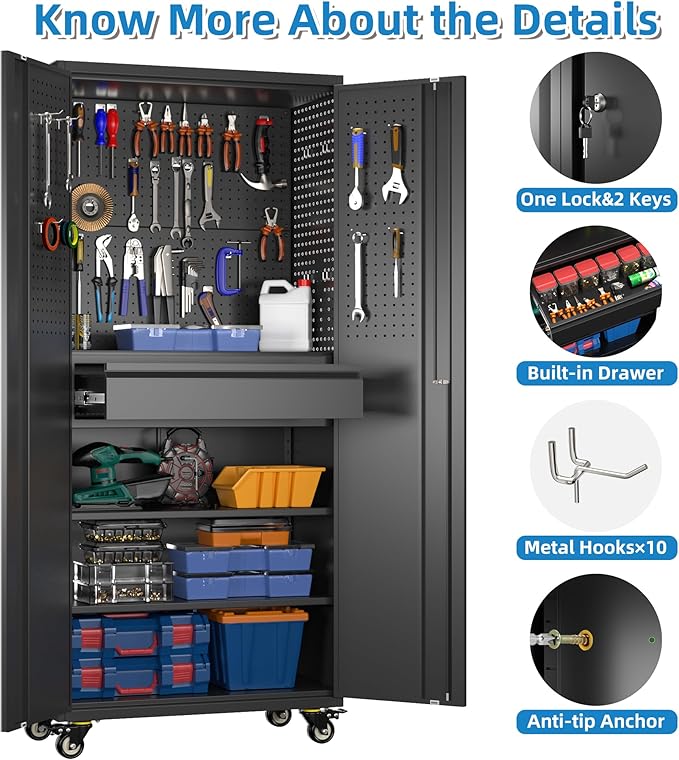 Metal Garage Cabinet with Wheels,71''H Rolling Lockable Steel Tool Cabinet with Pegboard & 1 Drawer for Garage,Home,Office Assembly Required,Black/Red