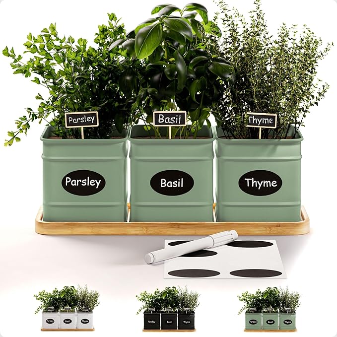 Herb Planter Indoor - 3 Iron Herb Pots with Drainage Holes, Varnished Bamboo Tray, Customizable Labels & Marker Pen - Indoor Herb Garden Planter - 3 Pots for Herbs - Inside Spice Garden - Basil Pot