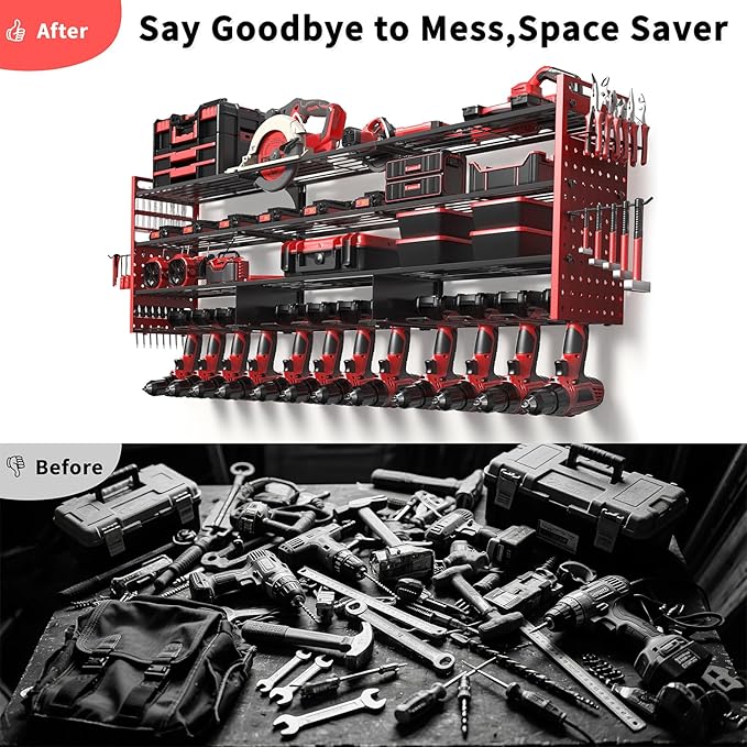 Power Tool Organizer Wall Mount with 12 Drills Holder, 49" Heavy Duty 4-Tier Power Tool Storage Rack, DIY Pegboard Side Panels,4 Long Hooks, Garage Metal Tool Shelf for Battery,Drills