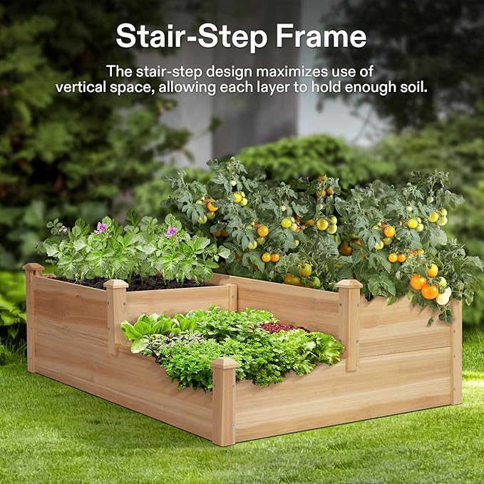 VIVOSUN 3-Tier 3-Grid Wooden Raised Garden Bed, 42.5 x 34.5 x 15 Inches, Outdoor Elevated Wood Planter Box with Screwdriver for Gardens, Patios, Backyards, Balcony and Outdoors
