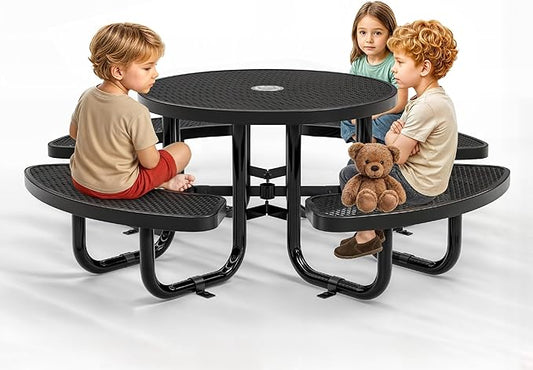 Metal Picnic Tables for Kids for Outdoors with Umbrella Hole - Coated Steel Heavy Duty Commercial Grade Table with Adjustable Seats (Black, 38 in, Kids, Expanded Steel)