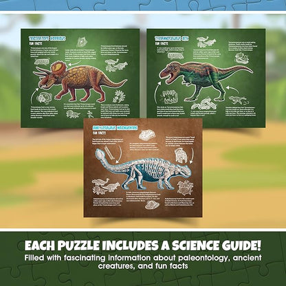 Tyrannosaurus Rex, Triceratops and Ankylosaurus Dinosaur Puzzle Bundle | 100-Piece Each with Glow-in-The-Dark Skeleton On Other Side | 4 FT Scientifically Accurate Dino Illustration
