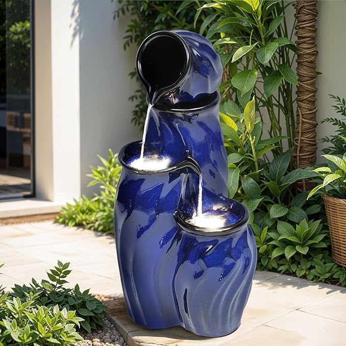 29" Tall Ceramic Water Fountain Outdoor with LED Lights, 4-Tier Cascading Waterfall Garden Fountain, Ideal for Serene Relaxing Patio, Yard or Porch, Cobalt Blue Glaze, Dynamic Wave-Texture