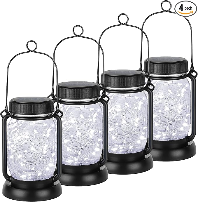 Mlambert Cool White 4 Pack Solar Hanging Mason Jar Lights with Stakes, Waterproof Decorative 30 LEDs Outdoor Solar Lantern Lamp Patio Garden Tree Yard