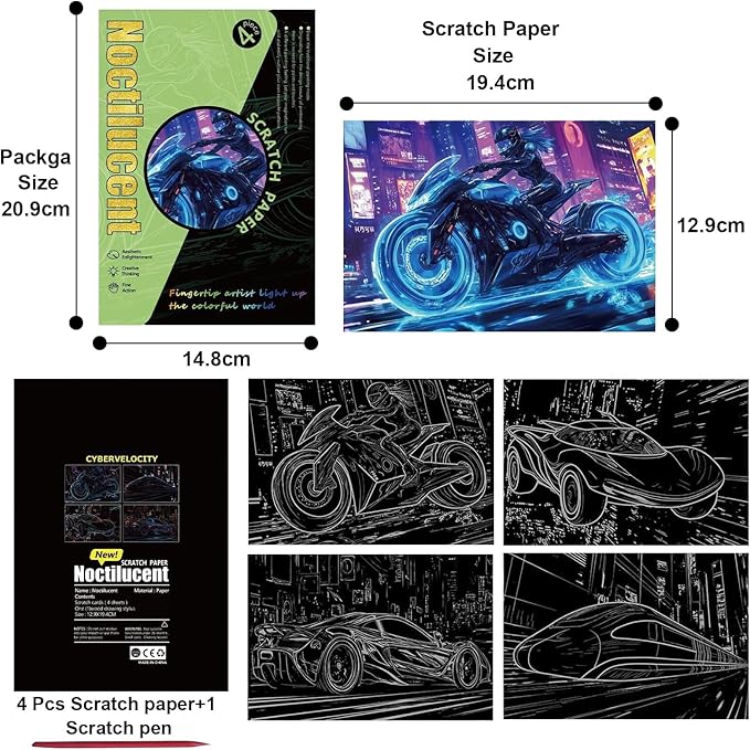Georgie Porgy Scratch Paper Art Set for Kids Adults Magic Rainbow Scratchboards for DIY Arts and Crafts Kits Christmas Birthday Gift with Scratching Tools Kit (A5-Noctilucent Animals + Racing Cars)