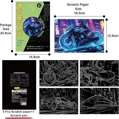 Georgie Porgy Scratch Paper Art Set for Kids Adults Magic Rainbow Scratchboards for DIY Arts and Crafts Kits Christmas Birthday Gift with Scratching Tools Kit (A5-Noctilucent Animals + Racing Cars)