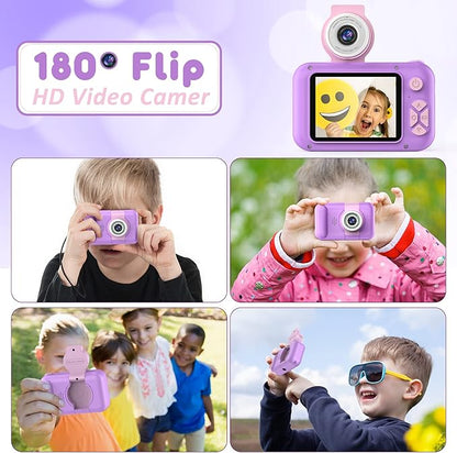 Kids Camera with 180° Flip-up Lens for Selfie & Video, HD Digital Video Cameras for Toddler with 32GB SD Card, Ideal for 3-8 Years Old Girls Boys on Birthday Christmas Party as Gift