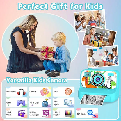 Kids Camera, Upgrade Kids Camera Instant Print, Front Rear Dual Selfie Digital CAM with 1080P Videos, Portable Travel Toy with Games and Music, Christmas Birthday Gift for Boys, Girls and Teens