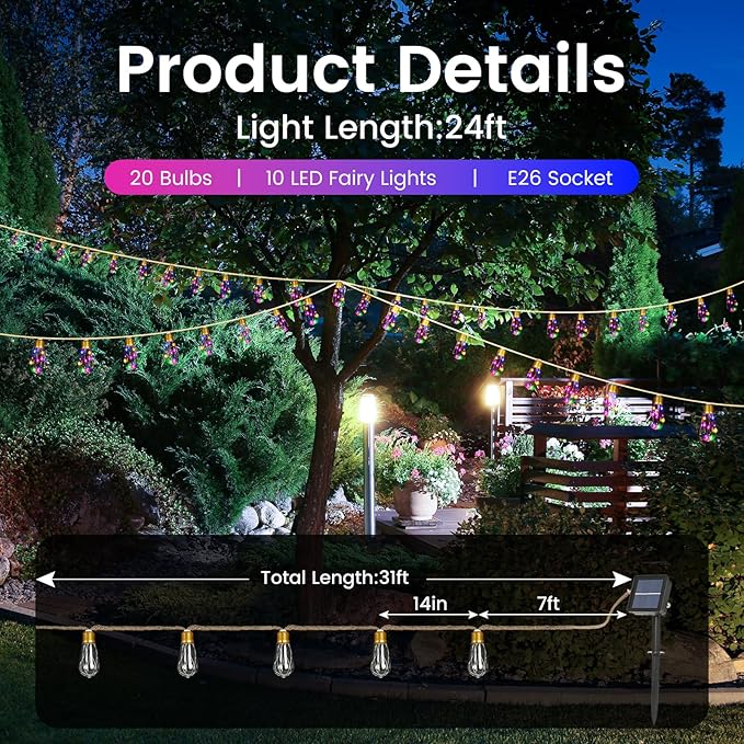 Solar Outdoor String Lights 2Pack 24FT Vintage Rope Hemp Solar Lights with 20 Shatterproof Bulbs,8 Modes Solar Powered Lights with Memory Function, Waterproof for Fence,Balcony,Yard(Multicolor)