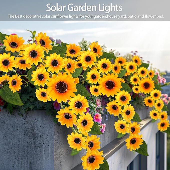 Solar Garden Lights Outdoor, 4 Pack Sunflower Lights with 92 Lifelike Sunflower, Waterproof 360 Bright LED Fall Garden Decor Solar Flowers for Patio Flowerbed Yard, Gift for Mom
