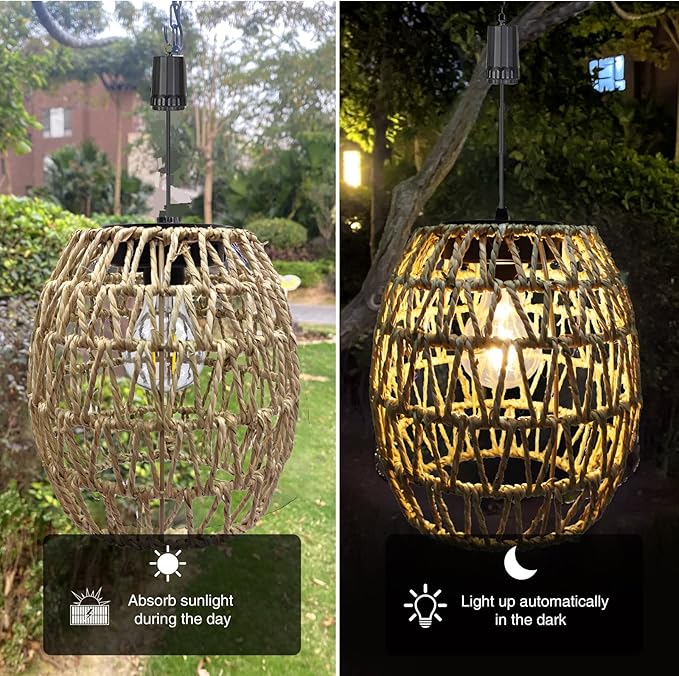 6 Hours Timer Battery Operated Outdoor Hanging Light Seagrass Woven Waterproof Porch Gazebo Patio Pendant Lantern Chandelier Lighting Decorative Hollow-Out Auto On/Off Warm White Bulb