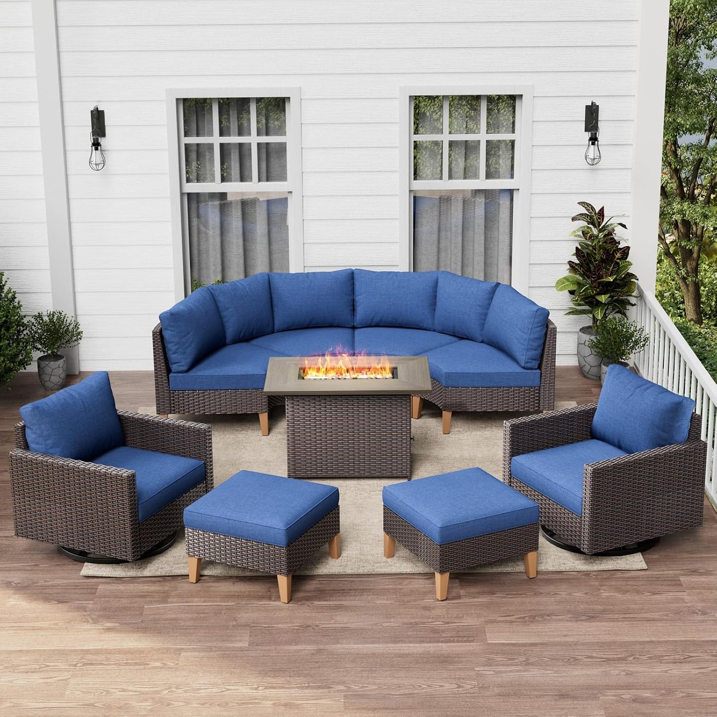 HUMMUH Patio Furniture Set with Fire Pit Table,Outdoor Sectional Couches Swivel Patio Chairs and Ottomans,All Weather PE Wicker 11 Pieces Patio Conversation Sets for Garden Porch Backyard in Blue