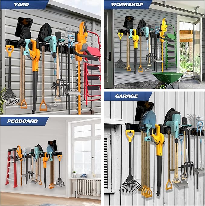 Garage Tool Storage Rack, Heavy Duty Garage Storage Organizer Rack System Wall Mounted Tool with 6 double hooks, 2 rails, Garden Yard Tools Hanger Rack for Ski Gears, Broom, Rake,Shovel