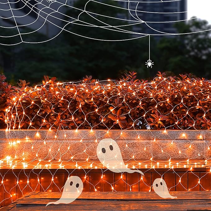 WATERGLIDE Outdoor Halloween Net Lights, 12FT x 5FT 360 LED Fairy String Light with 8 Lighting Modes, Connectable Light Safe Adaptor for Garden Tree, Bushes, Holiday Wedding Party Decorations, Orange