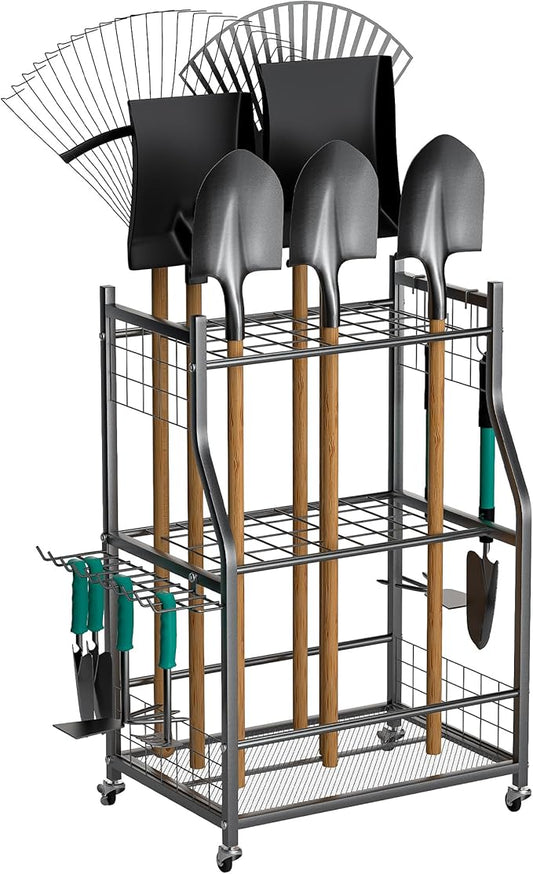 EVERHANGER Garden Tool Organizer Stand, Garage Tool Storage Organization, Yard Tool Racks with lockable wheels, Fit for Long-Handled Tools/Rakes/Brooms, Indoor/Outdoor Use