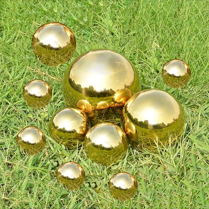 Nerien Gazing Ball, Stainless Steel Garden Mirror Globe, Polished Ornament Sphere, Hollow Floating Reflective Hemisphere, for Home Outdoor Pond Housewarming Swimming Pool Decoration, Gold, 8Pcs